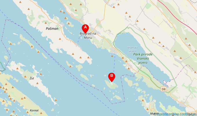 Map of ferry route between Biograd na Moru and Vrgada